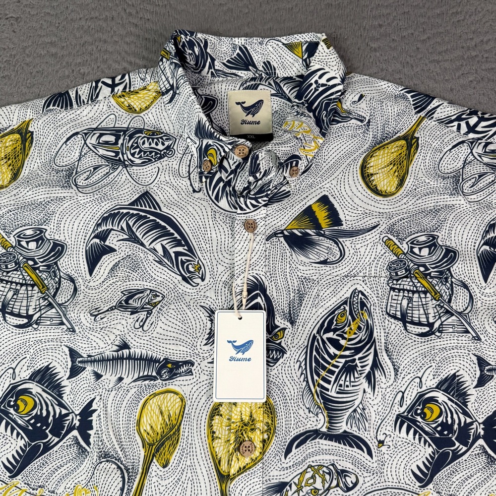 Yiume Shirt Mens 2XL Multicolor Fish Print Short Sleeve 100% Cotton Pocket NEW